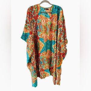 BooHoo Satin Midi Kimono Turquoise Print Duster Cover-Up Machine Washable Small